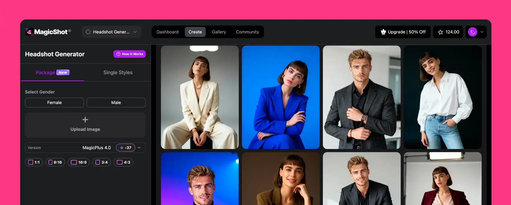 MagicShot professional headshot generator dashboard showing AI-generated business headshots, style selection, gender options, image upload panel, and output gallery.
