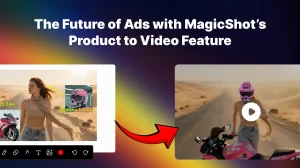 MagicShot Product to Video feature showing Canvas edit on the left with annotations for riding bike and wearing helmet, and generated cinematic video result on the right.