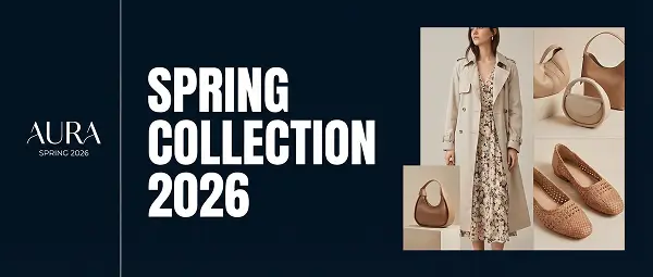 Spring collection 2026 fashion banner with clothing, shoes, and accessories on dark background