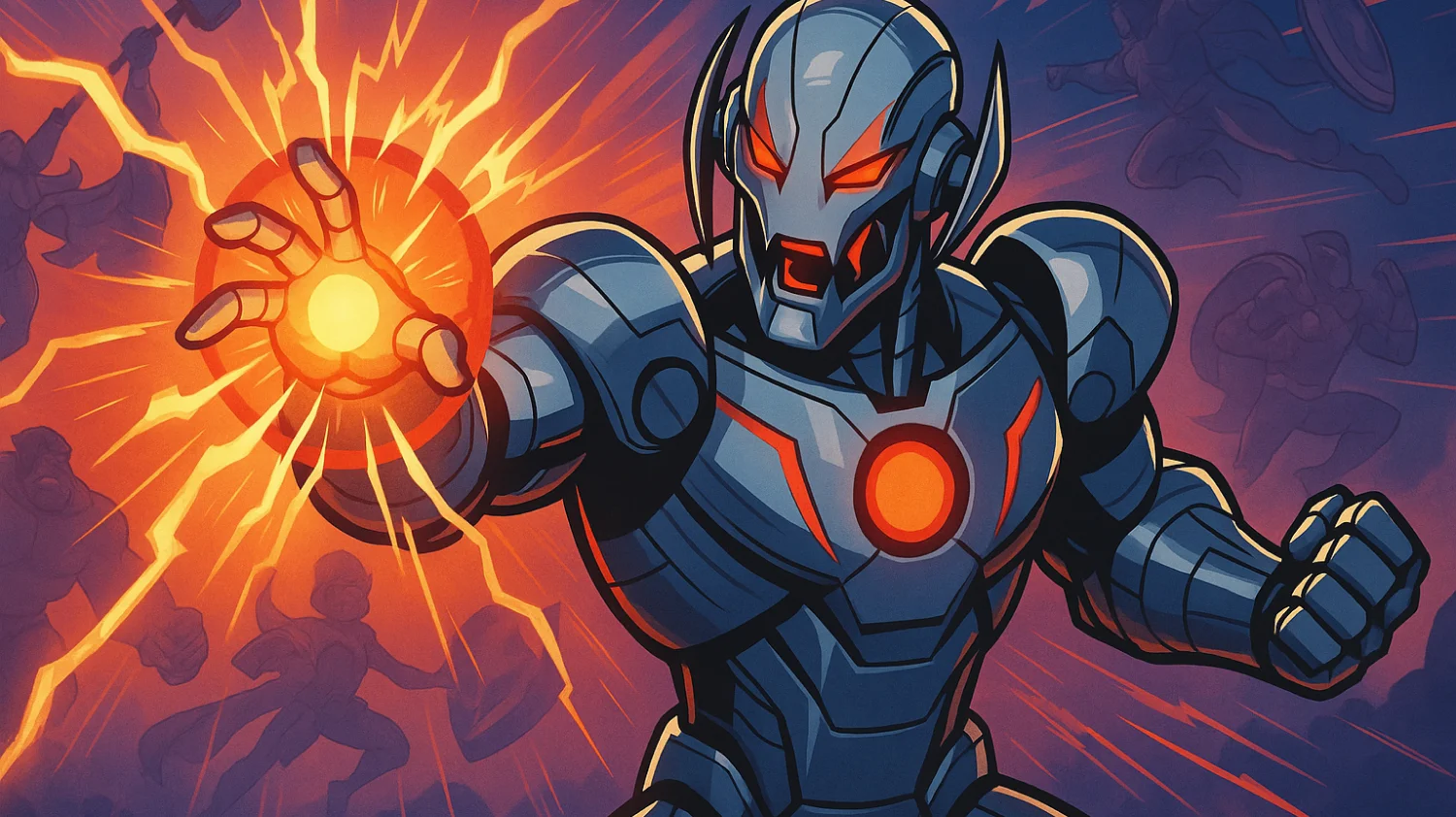 Colorful Marvel-themed scene with a dominant Ultron character design, showcasing power and intensity in a game-inspired setting
