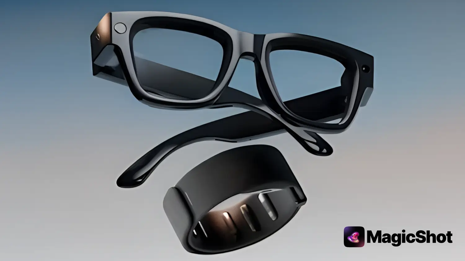 Meta’s new Ray-Ban smart glasses and neural wristband displayed against a gradient background - showing the glasses’ display lens and the sleek, adjustable wristband designed for gesture control.