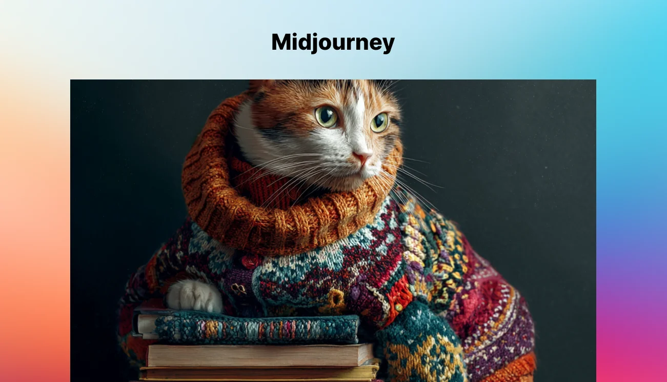 AI-generated image of a cat in a colorful knitted sweater, created using Midjourney with a vibrant gradient frame.