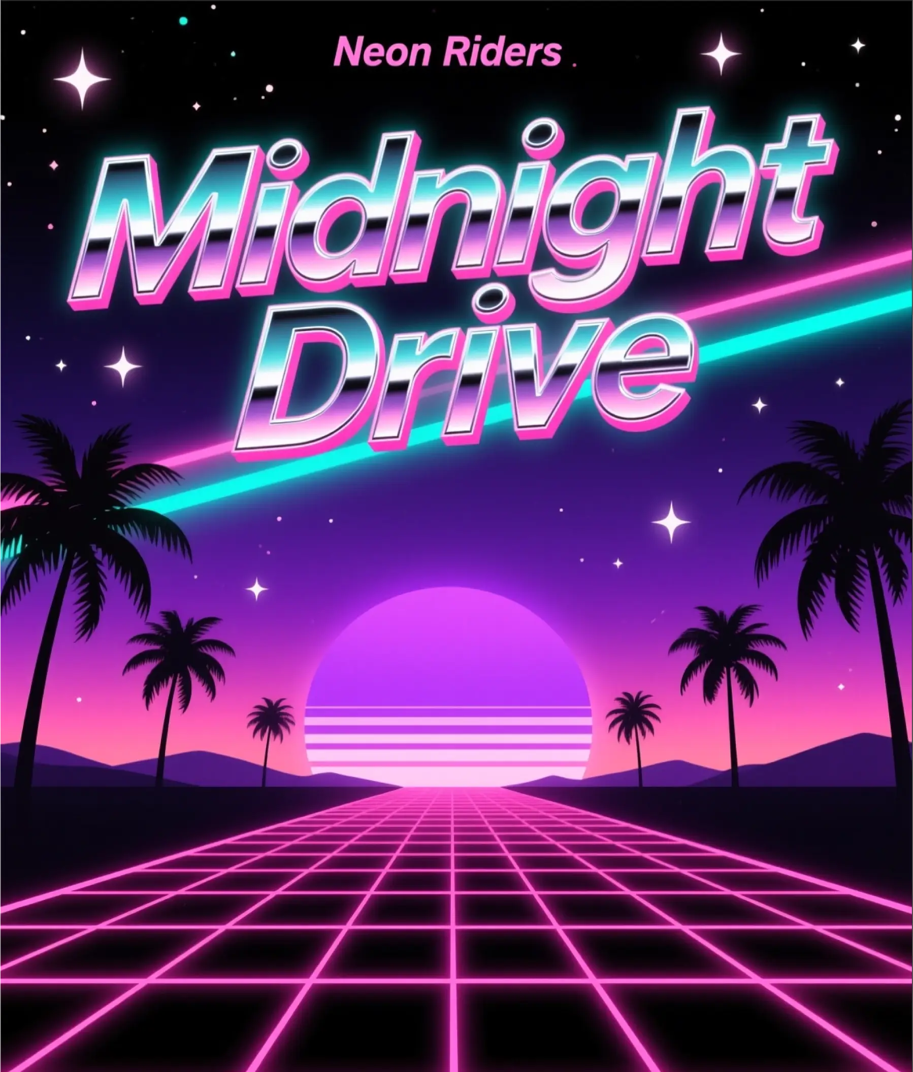 Retro wave album cover Midnight Drive with neon pink and blue grid, palm trees, and sunset horizon.