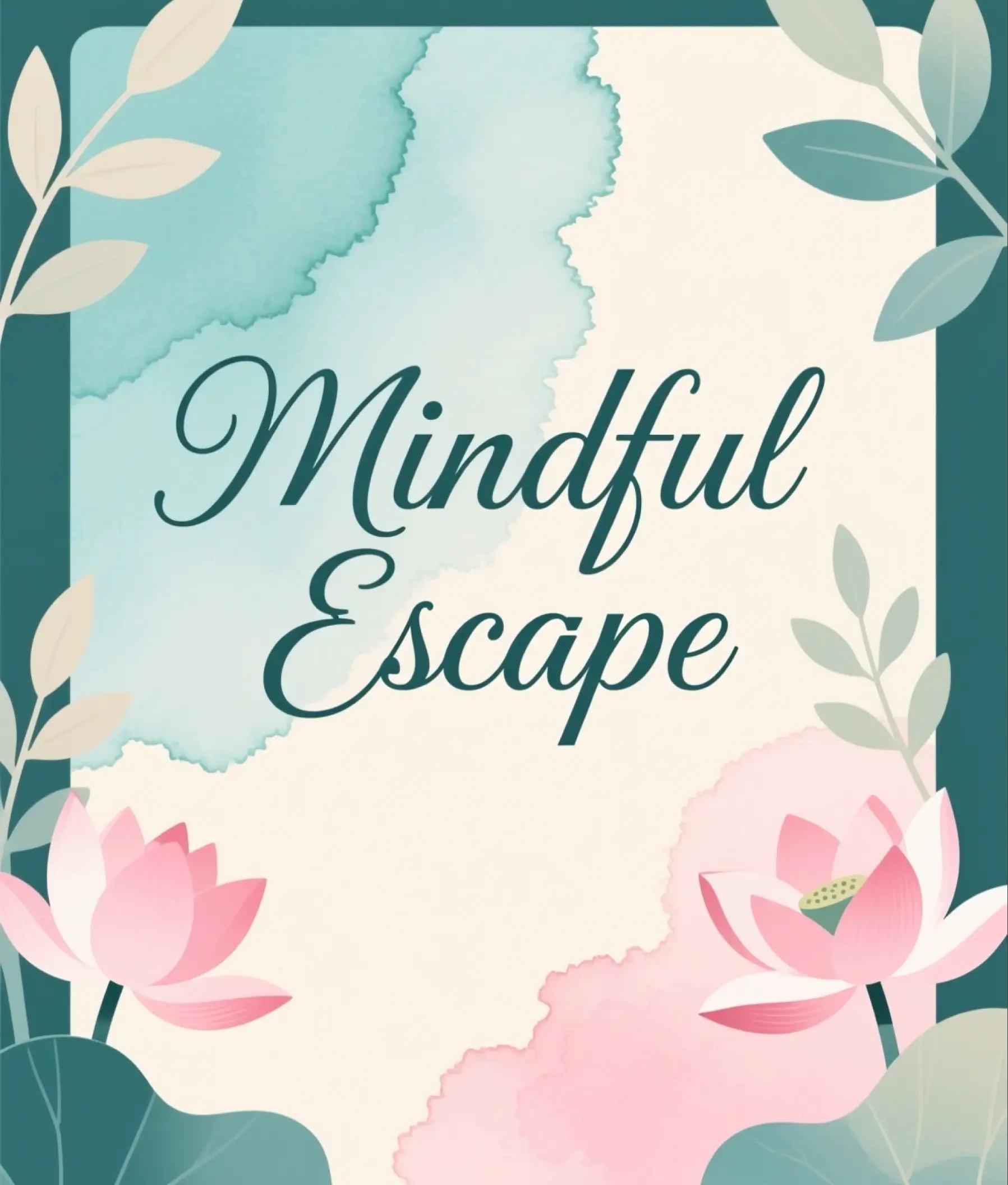 Mindful Escape wellness flyer with lotus flowers, pastel watercolor background, and calming natural elements.