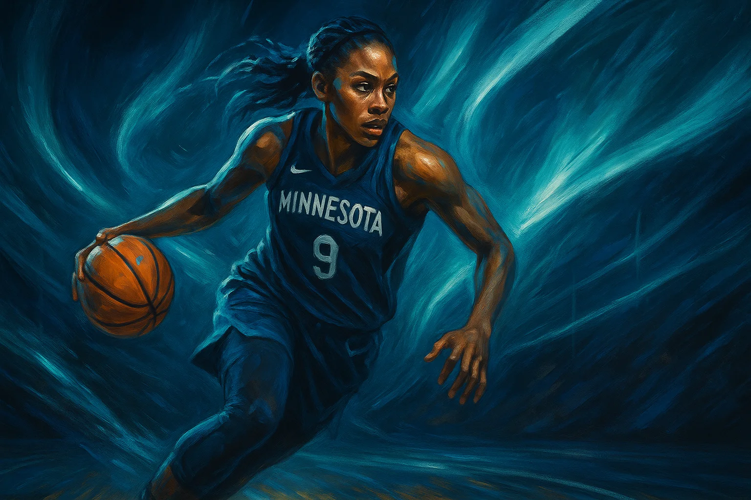 A powerful digital art piece of a Minnesota Lynx player in action, surrounded by cool aurora-like energy in deep blue tones.