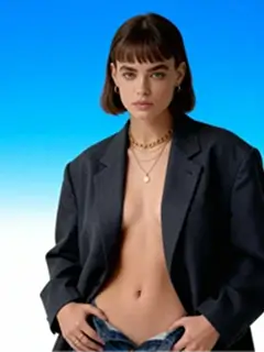 Model shoot fashion portrait of a woman in an oversized blazer against a clean blue background