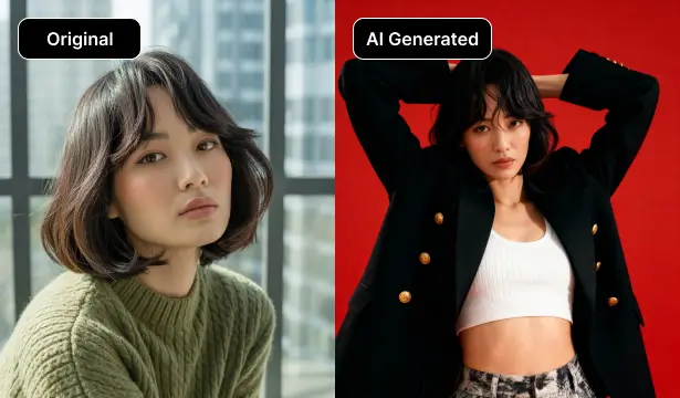 Comparison between traditional photoshoot setup and AI-generated model shoot.