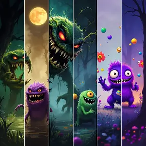AI-generated cartoon and horror-style monsters with expressive faces and fantasy settings
