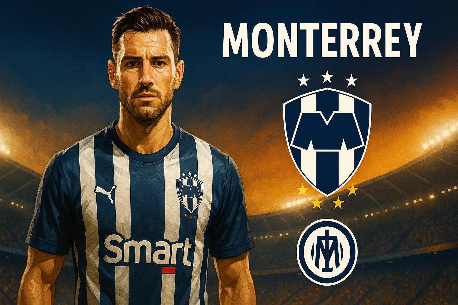 Monterrey football player in AI fan art style, wearing navy and white kit with intense stadium background. Monterrey AI artwork.