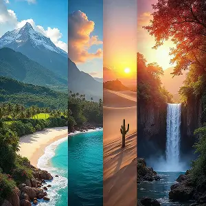 AI-generated landscapes across seasons—lush forests, tropical beaches, and snow-capped mountains