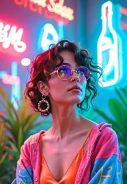 AI-generated woman with curly hair and glasses in a colorful neon-lit background wearing trendy streetwear