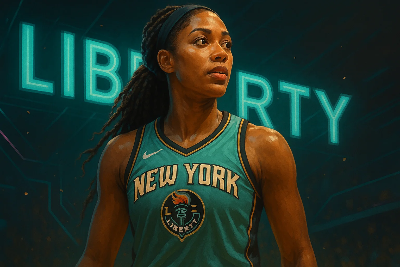 A New York Liberty player standing tall in a teal jersey, with glowing “LIBERTY” lettering and cyber-style lines in the background.