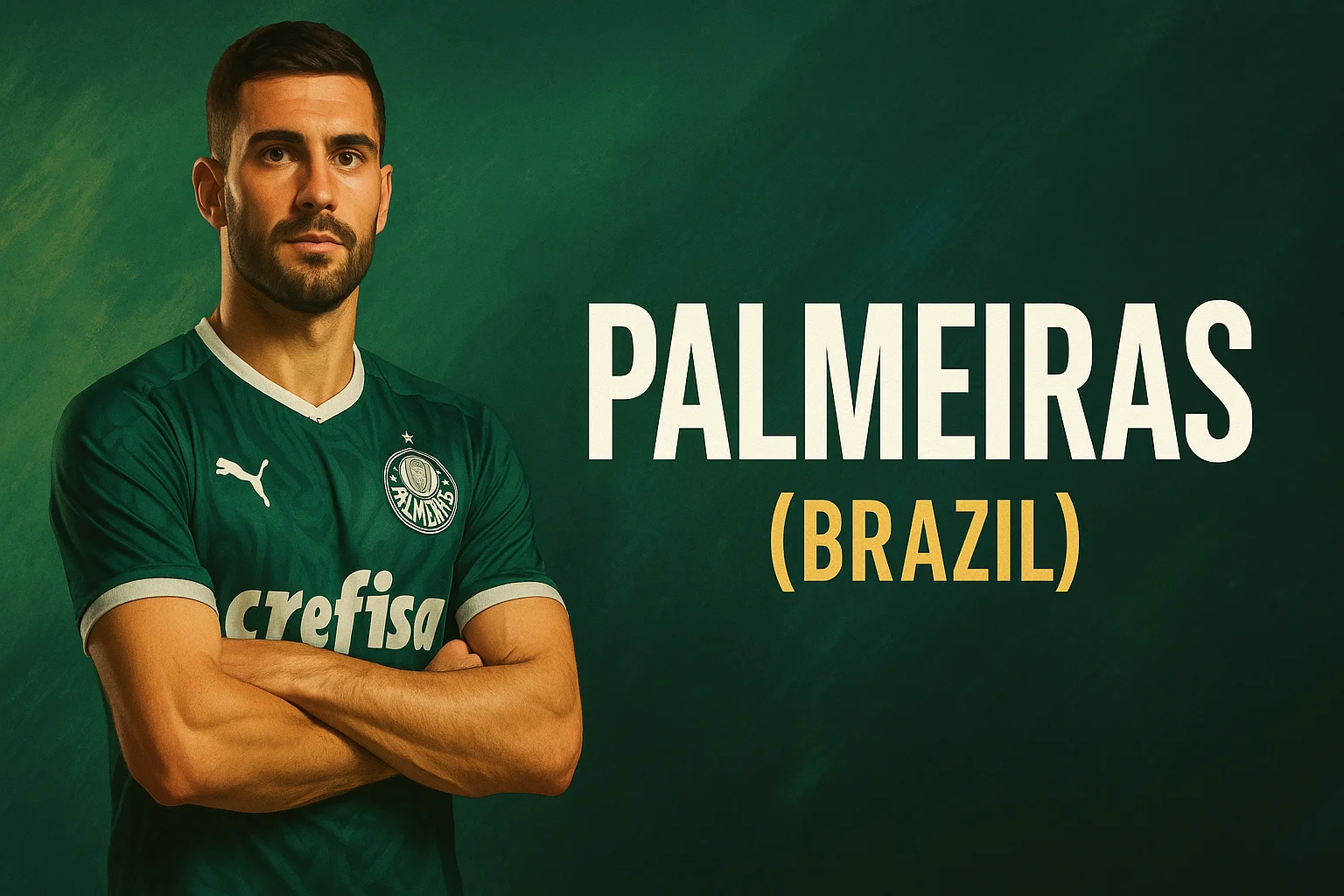Palmeiras player featured in AI-generated art, wearing a green jersey with glowing stadium backdrop. Palmeiras AI fan art image.