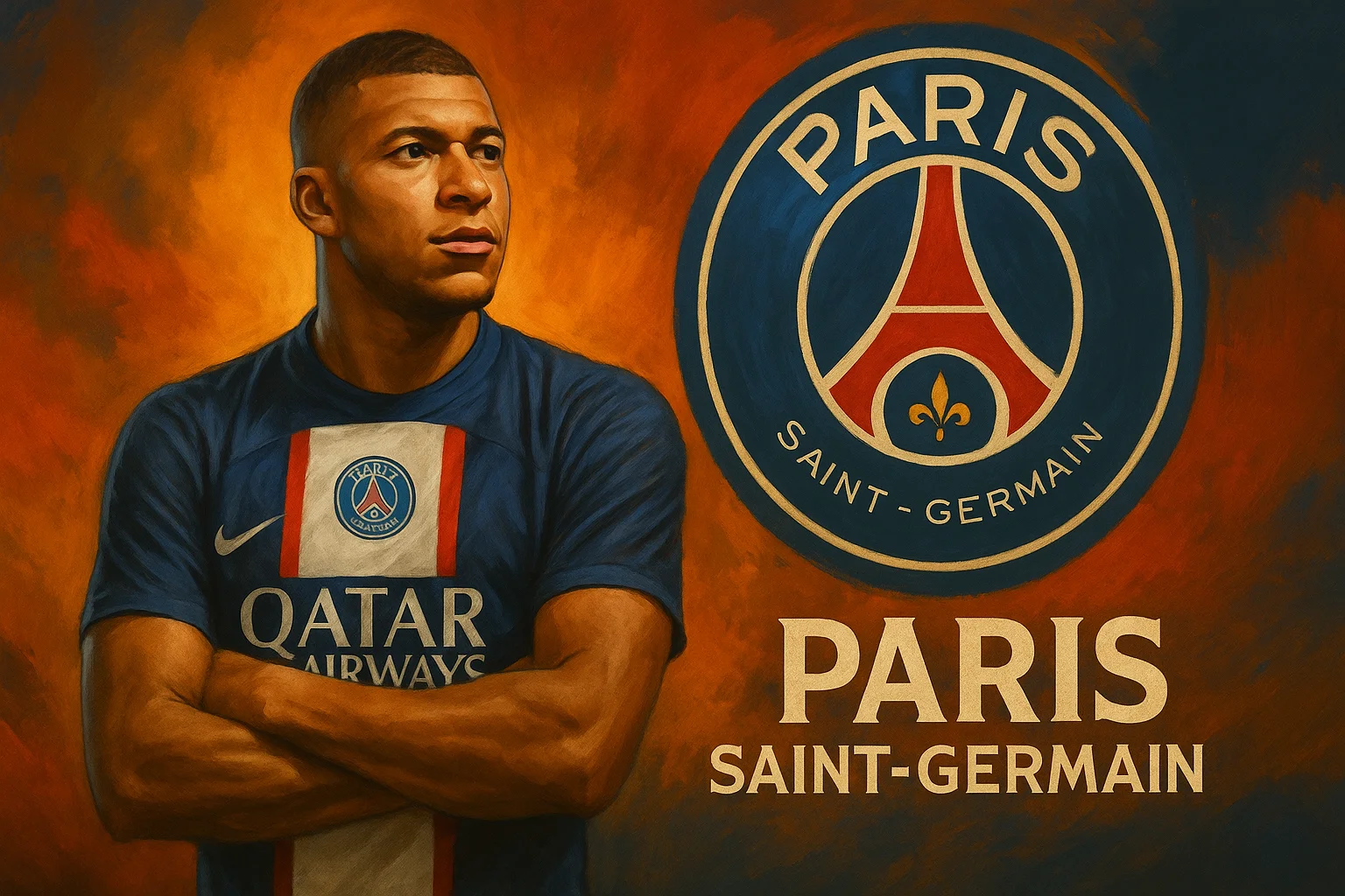 AI-generated PSG fan art featuring a player in navy-blue kit and Paris skyline ambiance. Paris Saint-Germain AI fan art graphic.
