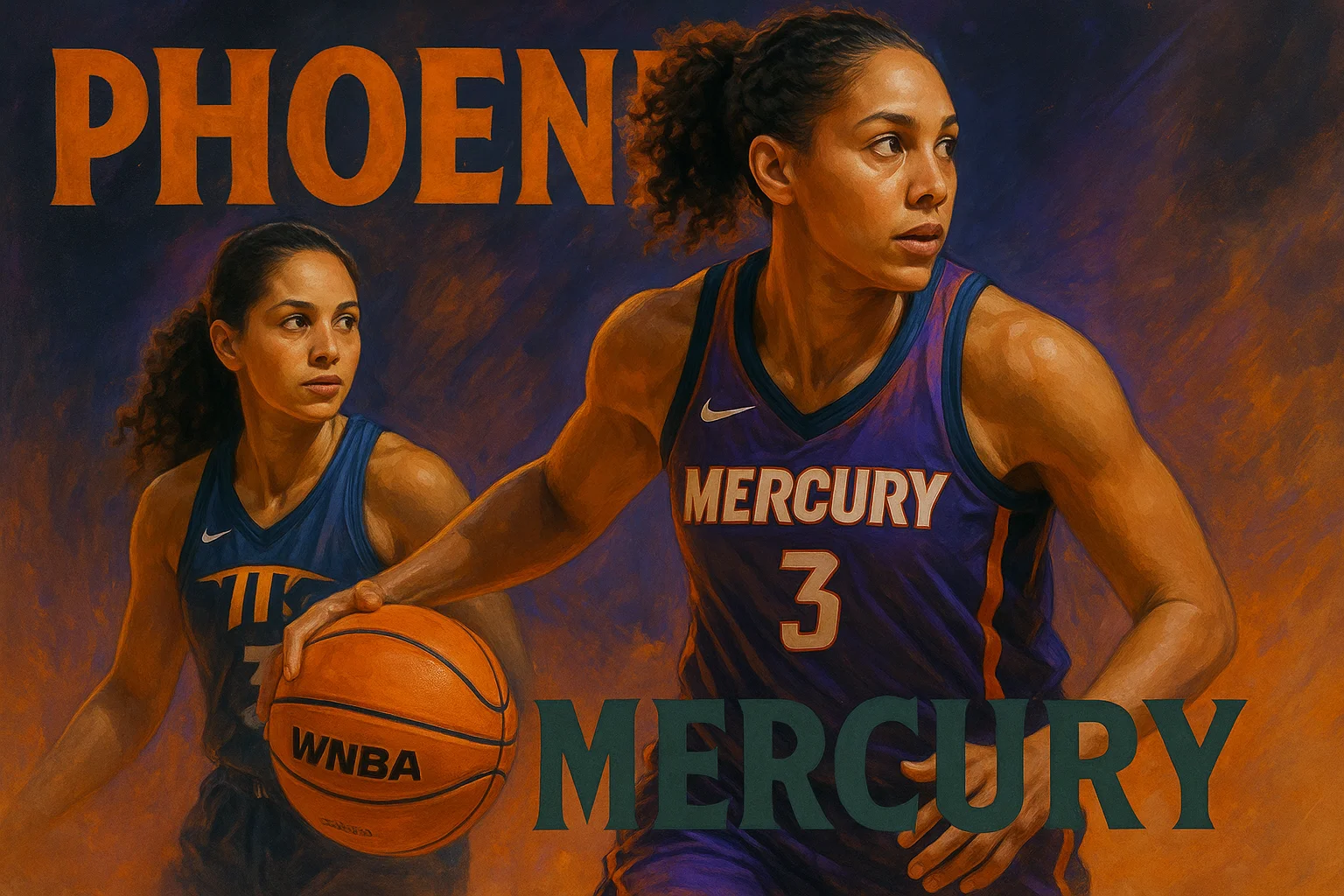 Two Phoenix Mercury players in action poses, wearing purple and orange jerseys, with dramatic motion and bold team branding.