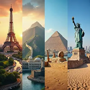 AI-generated famous global landmarks including Eiffel Tower, Pyramids, and Statue of Liberty