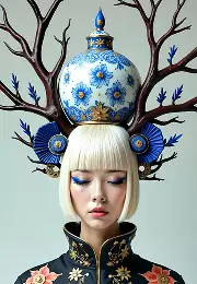 AI-generated fantasy portrait of a woman in traditional attire with a blue porcelain teapot crown and tree-like headpiece