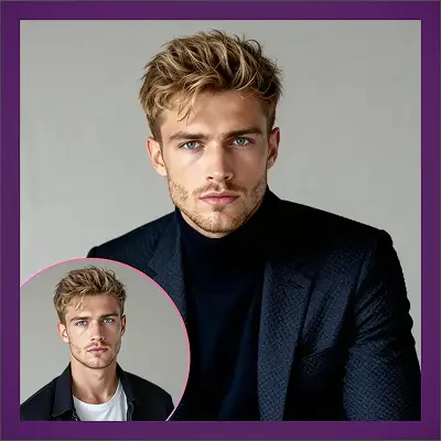 Portrait of a man with blond hair wearing a dark blazer and black turtleneck against a plain gray background.