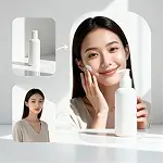 Woman holding a skincare bottle in a clean white studio layout showcasing product presentation and beauty aesthetics.