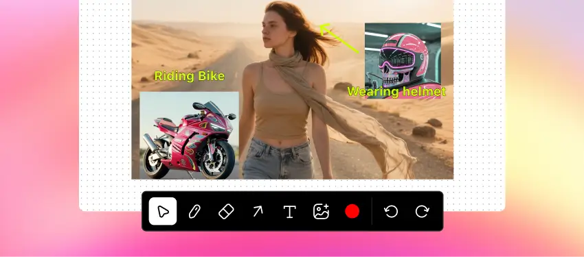 Product to Video Canvas interface with editing tools at the bottom, showing a woman on a desert road with added bike and helmet images for animation.