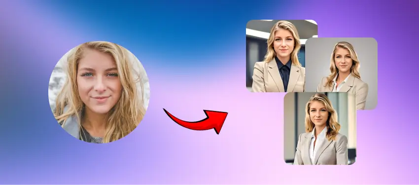 AI-generated professional headshot variations showing consistent character transformation from a casual photo to polished business portraits using MagicShot