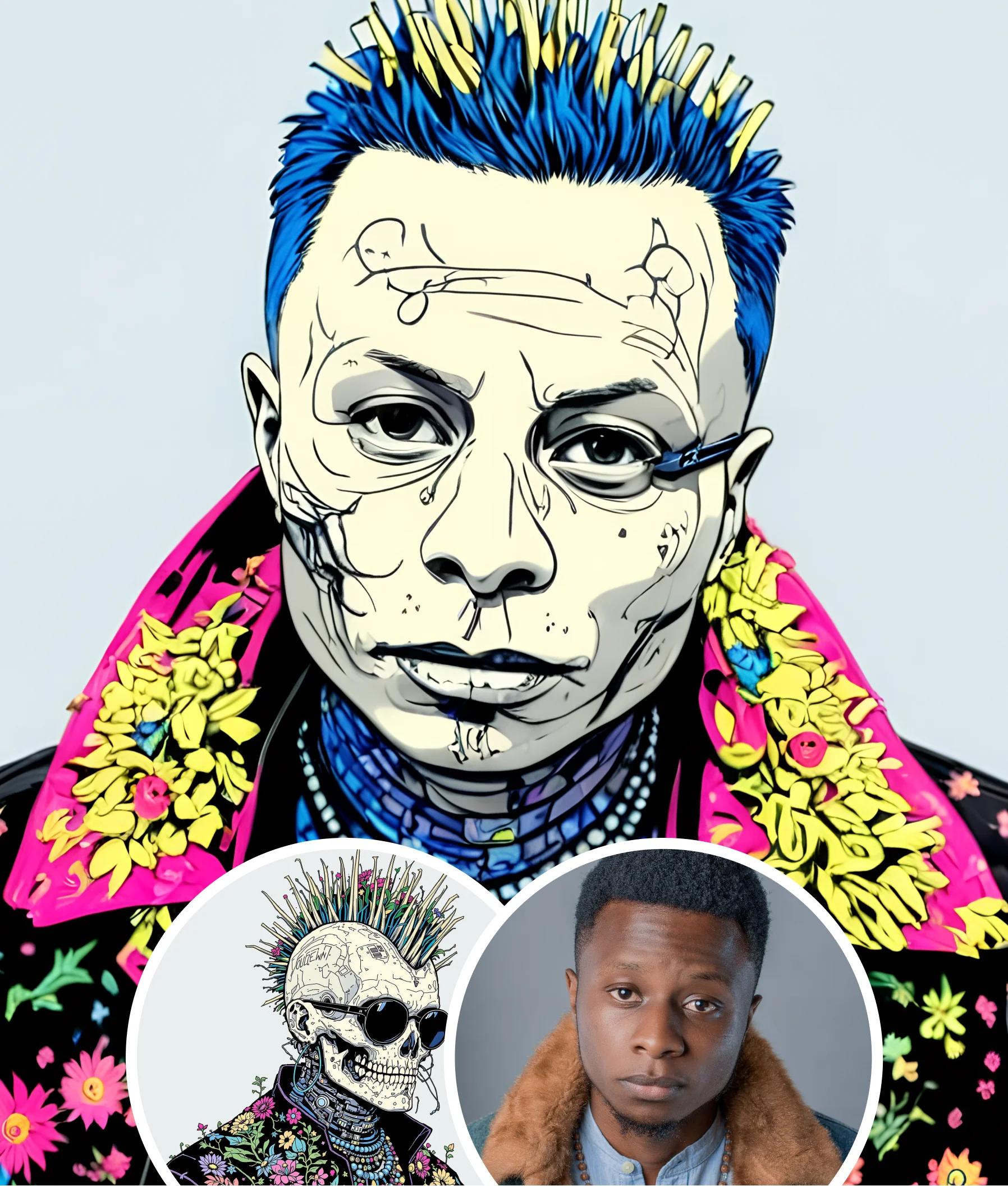 Male portrait swapped into punk comic art using AI face swap tool for bold stylized results.