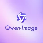Qwen-Image model logo with a purple geometric symbol on a soft pastel gradient background.