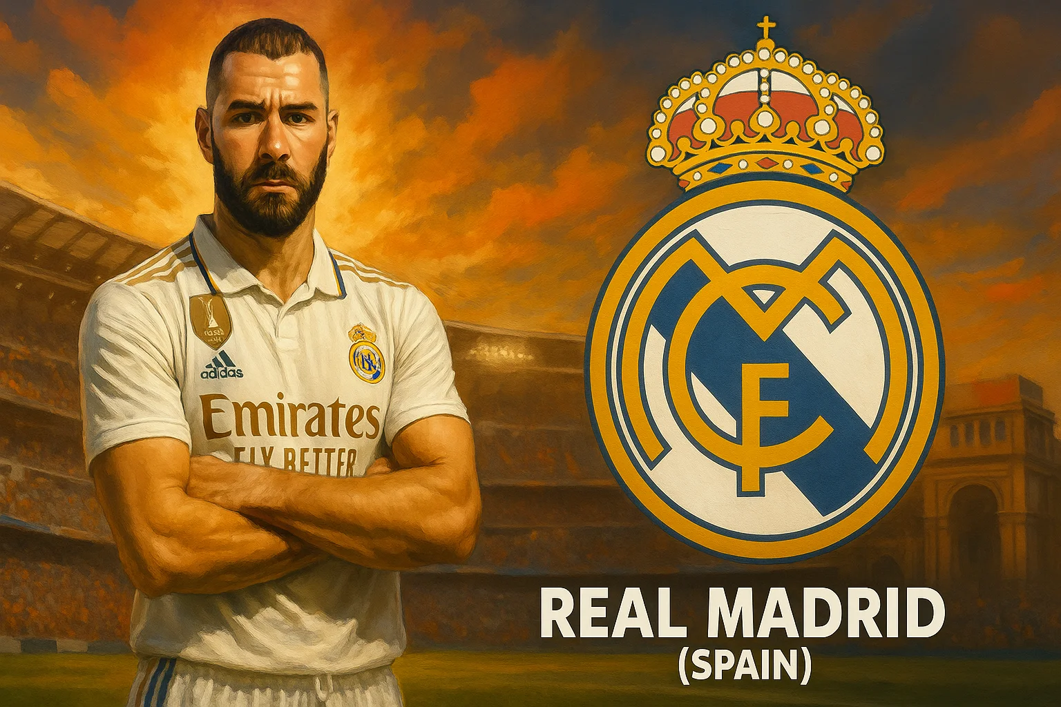 A digital illustration of a Real Madrid football player in white kit, standing confidently with Santiago Bernabéu stadium lights in the background. Real Madrid AI fan art.