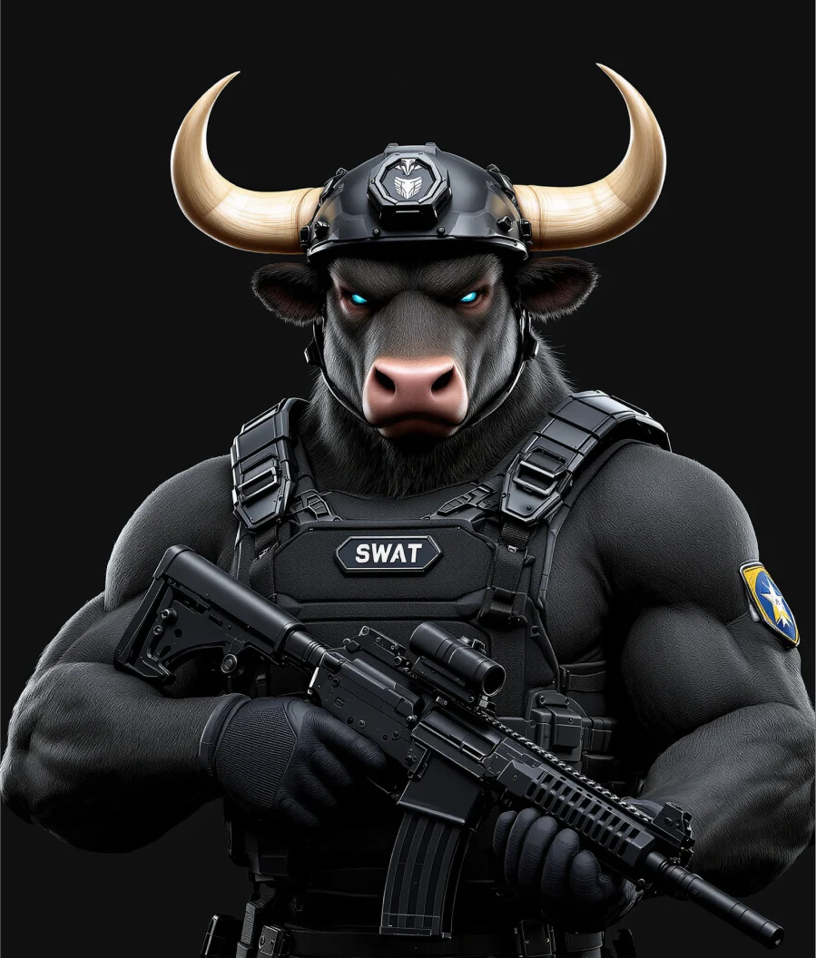 Realistic-3D-Bull-Mascot-in-black-SWAT-armor-holding-rifle-–-tactical-NFT-mascot-design.