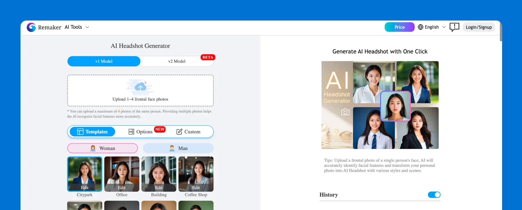 Remaker AI headshot generator tool showing photo upload section, style templates, AI portrait examples, and one-click headshot generation options.