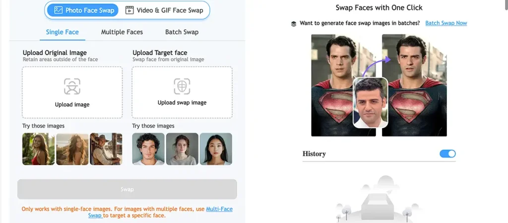 Remaker AI face swap interface with options for face editing and multiple media support