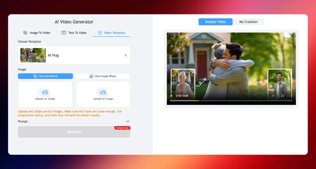 Remaker.ai’s AI Hug Video Generator interface, displaying template selection, image upload options, and a preview of an animated hug video with two inserted portraits.