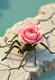 AI-generated surreal scene of a spider with a blooming pink rose on its back crawling over cracked terrain