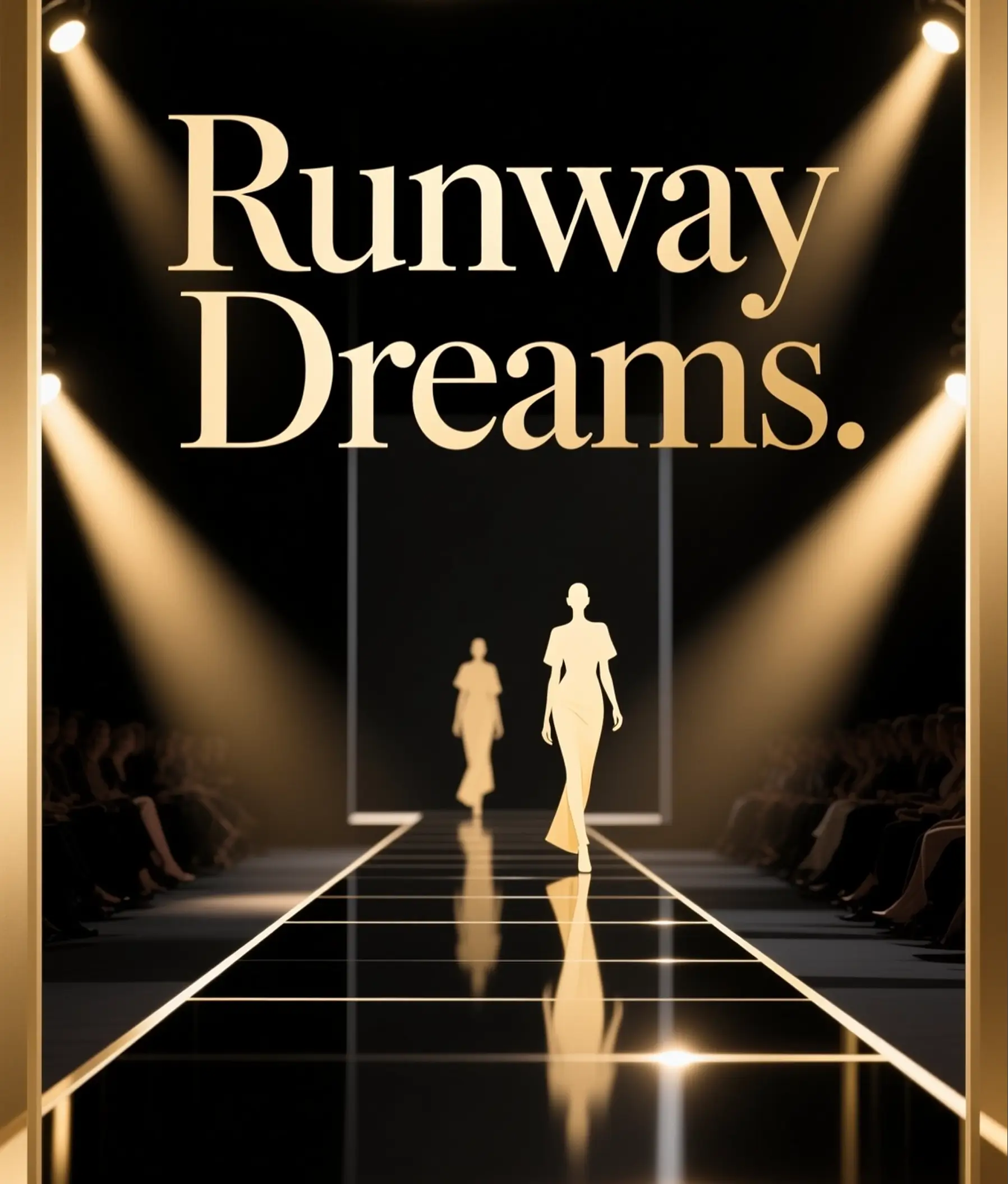 Runway Dreams fashion show flyer with golden runway, spotlighted models, and elegant typography.”
