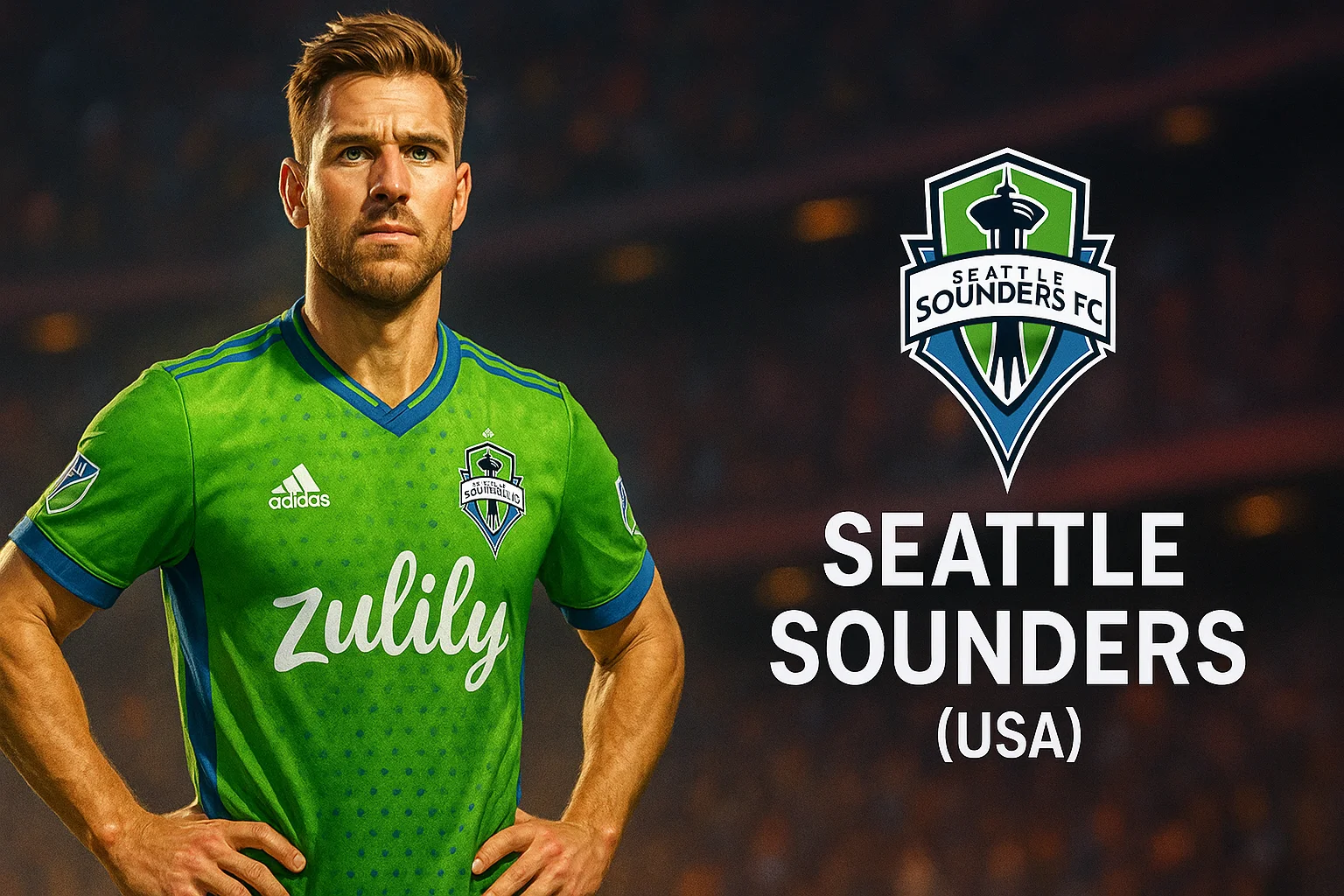 AI painting of Seattle Sounders player in green and blue jersey with glowing stadium lights. Seattle Sounders AI fan design.