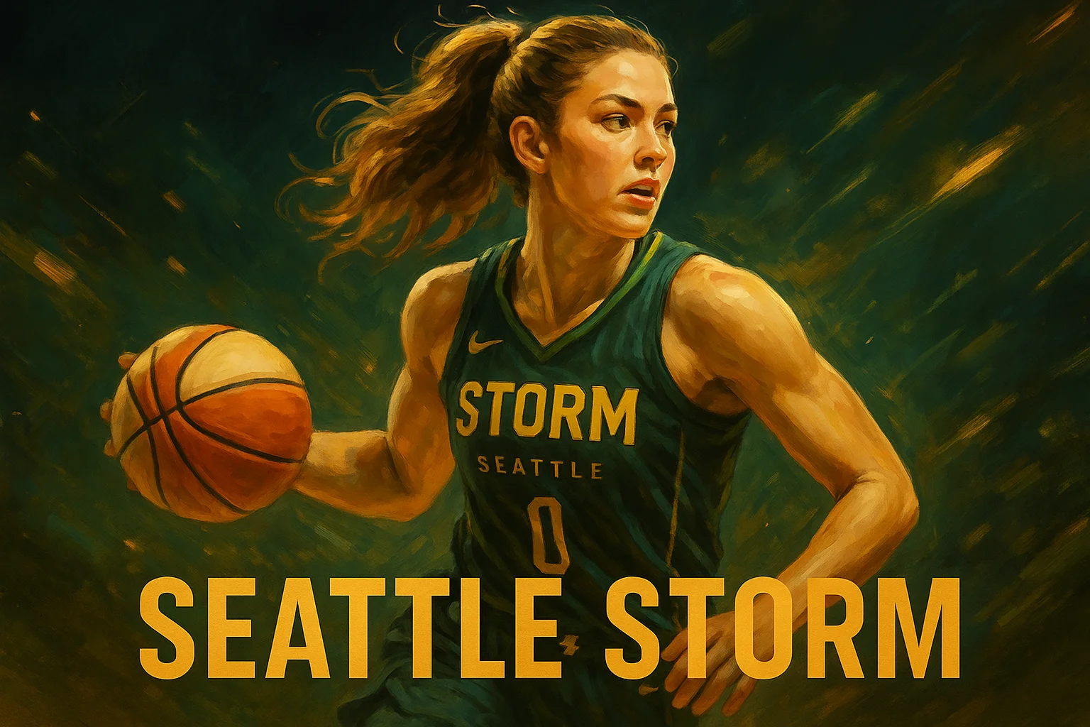 A Seattle Storm player in green jersey charging down the court with a basketball, set against a glowing gold-and-green stormy background.