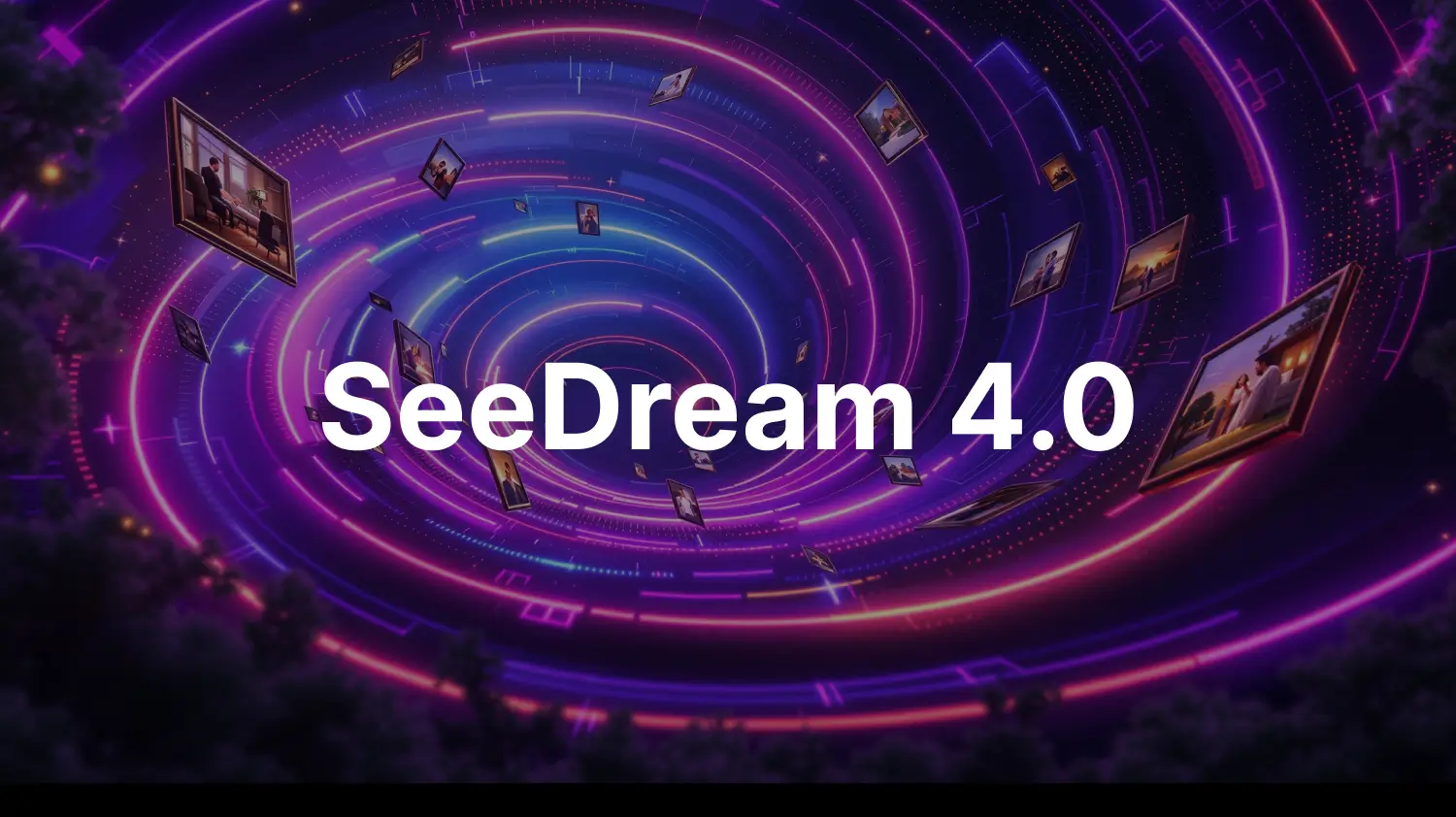 Futuristic neon vortex design with floating framed images and bold white text reading SeeDream 4.0.