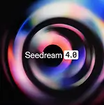 Seedream 4.0 title centered on a colorful swirling lens-style background.