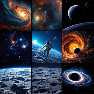 AI-generated cosmic illustrations including galaxies, black holes, astronauts, and planetary scenes