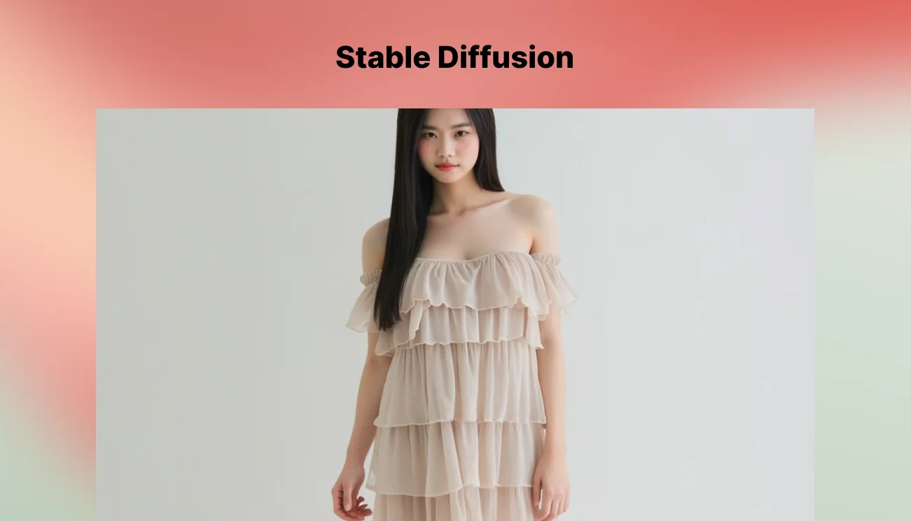 AI-generated portrait of a woman in a ruffled dress created by Stable Diffusion, with a red-orange border.