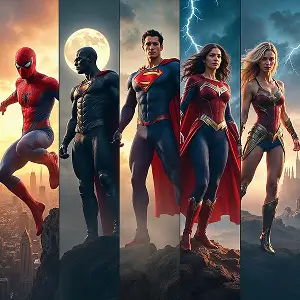 AI-generated superheroes in dramatic lighting and action-ready poses