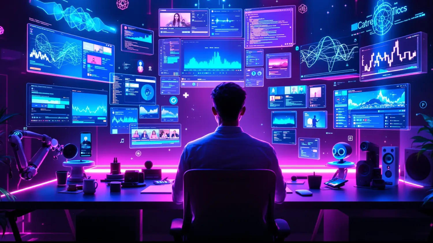 Futuristic AI content creator workspace with glowing holographic screens and neon lights