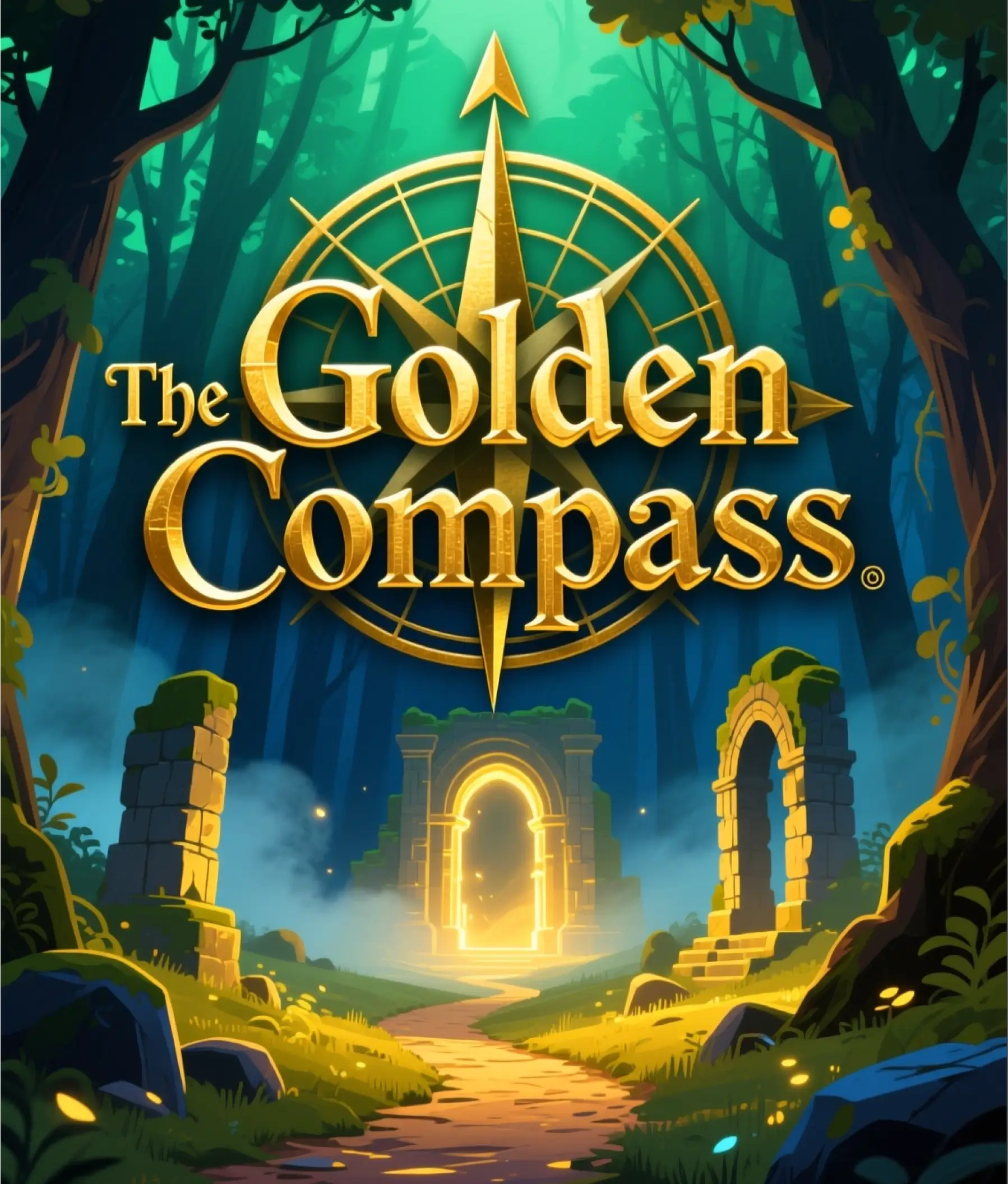 Fantasy book cover The Golden Compass by Samantha Vale with glowing compass symbol, enchanted forest, and stone ruins.