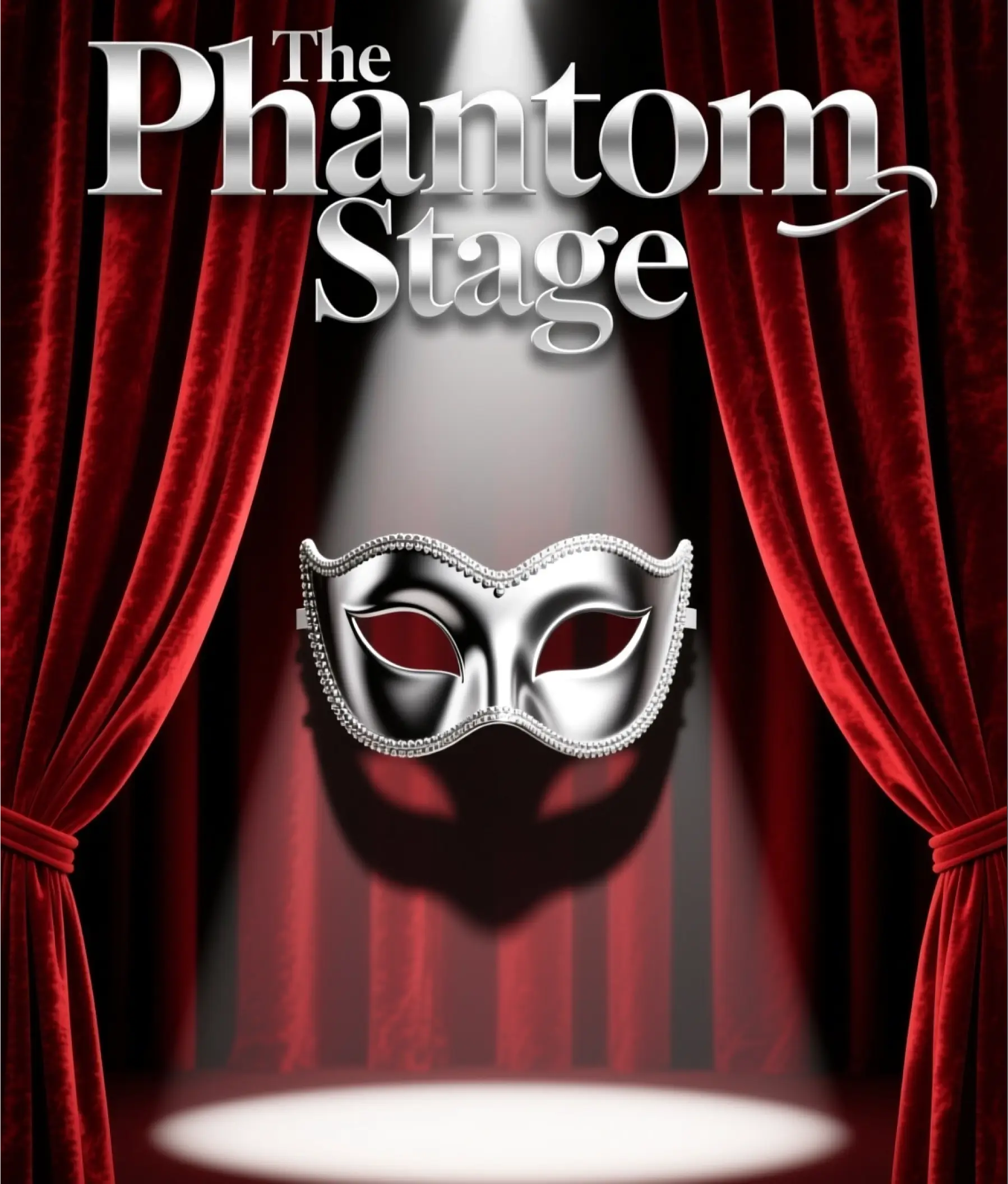 The Phantom Stage flyer with dramatic red curtains, silver masquerade mask, and spotlight theater effect.
