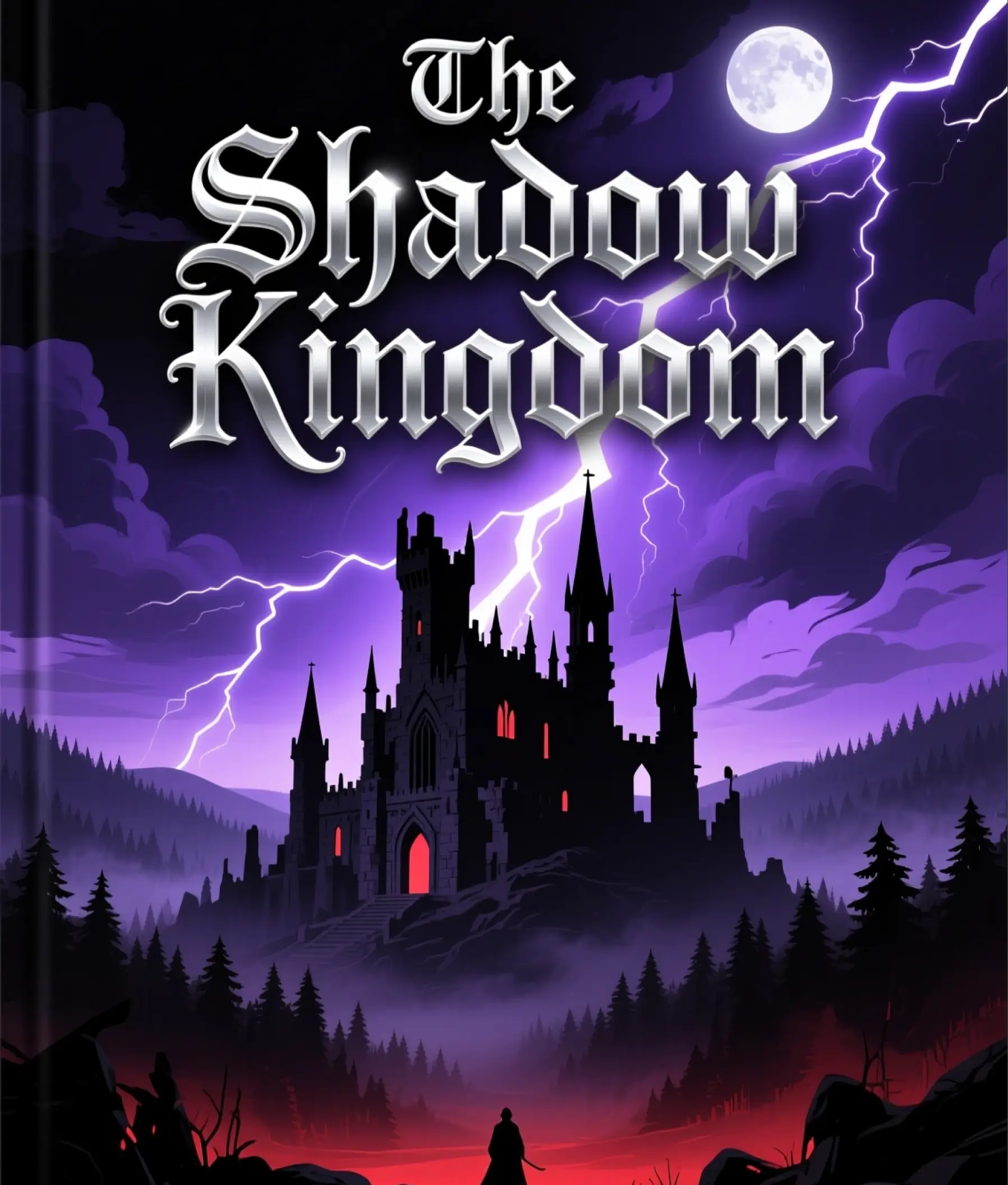 Dark gothic book cover The Shadow Kingdom with lightning filled sky, haunted castle, and eerie purple red tones.