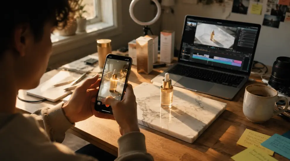 behind the scenes shot of phone filming a product photo being transformed into an animated reveal video, warm natural light, creator workspace aesthetic