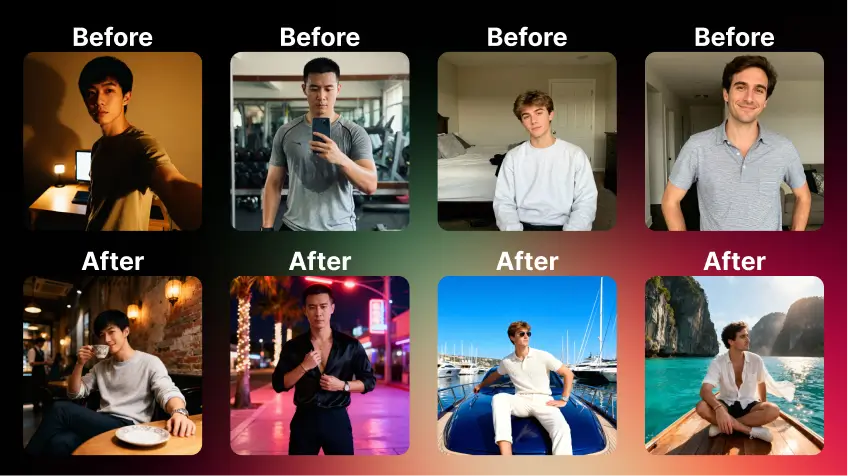 Grid of before and after AI Tinder photos showing multiple men whose simple indoor selfies are upgraded into high-quality lifestyle images using an AI Tinder photo maker.