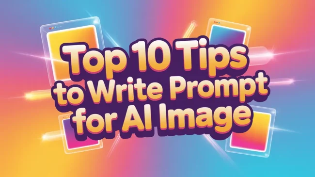 A vibrant, eye-catching thumbnail graphic with large, playful 3D text reading 'Top 10 Tips to Write Prompt for AI Image'. The text is set against a pink-to-blue gradient background, surrounded by glowing rectangular placeholder shapes, symbolizing visual content from an AI Photo Generator.