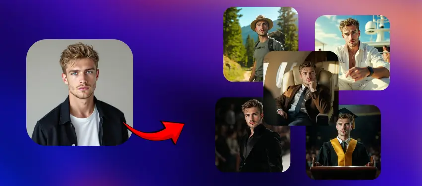 Before and after AI Tinder Photos transformation showing a man’s image enhanced into five unique styles: Hiking, Yacht Luxe, Private Jet, Fashion Runway, and Graduation Ceremony — created using MagicShot’s AI Tinder Photos.