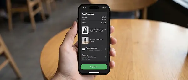 Mobile app checkout screen showing cart summary and payment option on smartphone
